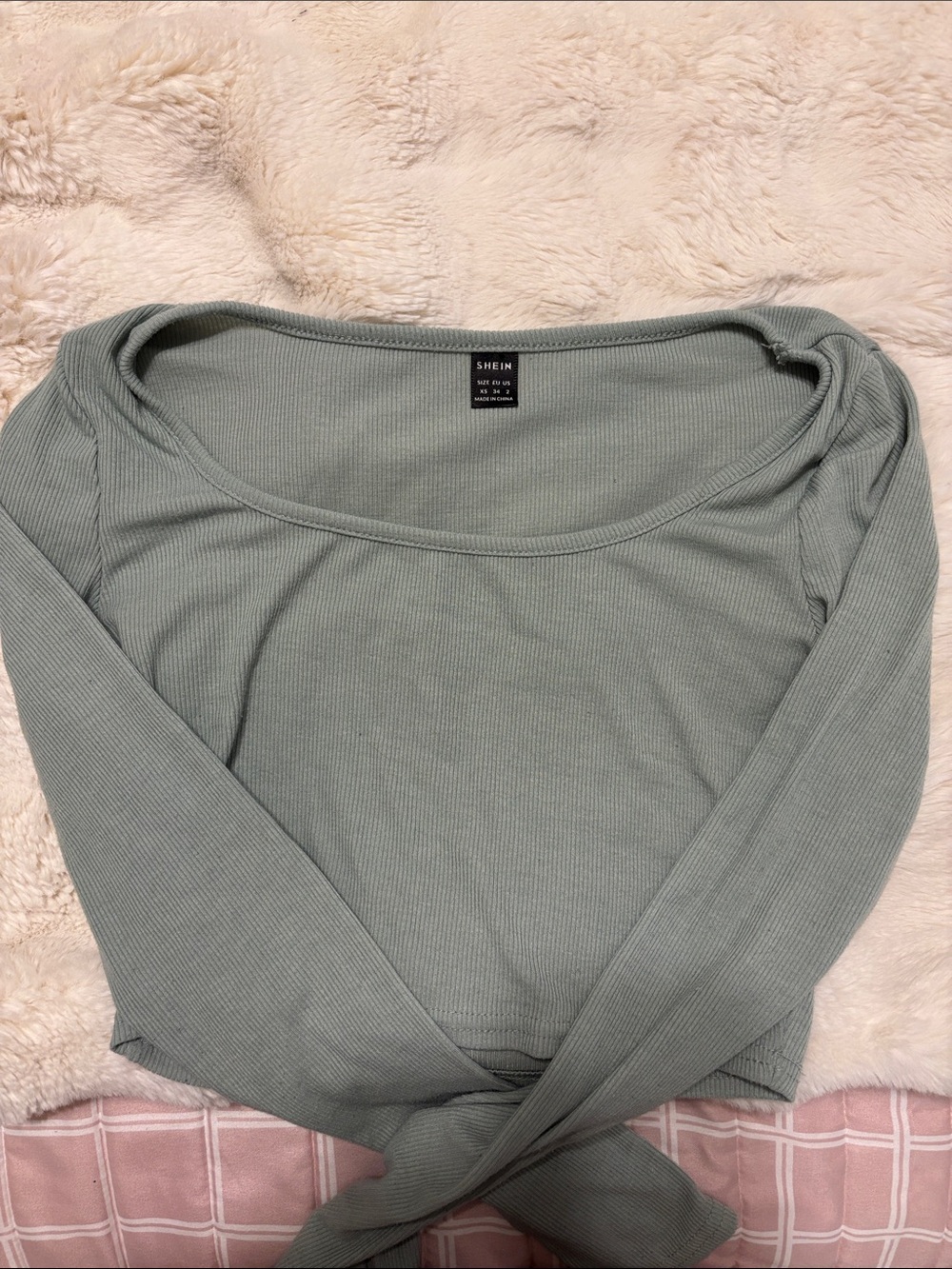 SHEIN Sage Green Ribbed Wide Scoop Long Sleeve Top